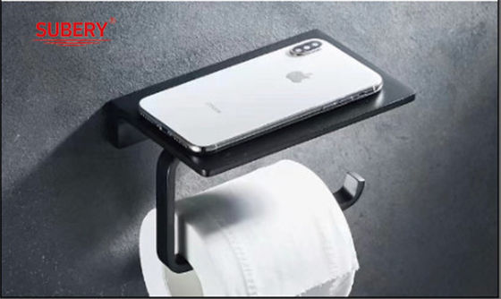 Warna Hitam Wall Mounted Toilet Paper Holder Dengan Rak Ponsel