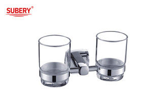 Kuningan double tumbler holder kamar mandi kaca kualitas tinggi warna krom OEM kuningan dasar persegi dengan desain melengkung