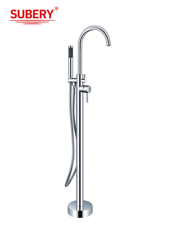 Chrome Kuningan Bebas Keran Bak Mandi OEM Single Lever Lantai Dipasang Dengan Diverter