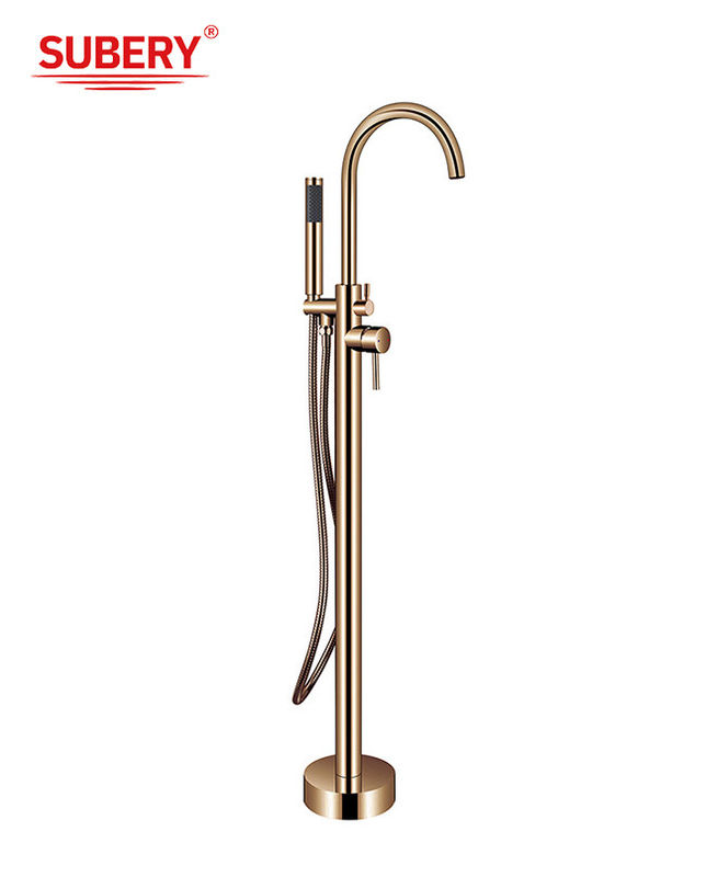 OEM Single Lever Free Standing Tub Faucet Floor Mount Dengan Diverter Rose Golden Brass