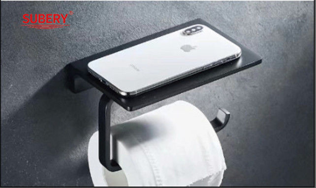 Warna Hitam Wall Mounted Toilet Paper Holder Dengan Rak Ponsel